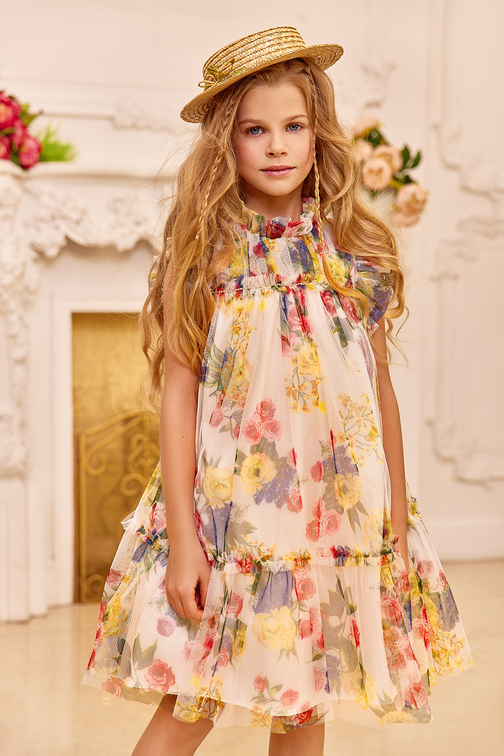 Yellow dress with frilled floral pattern