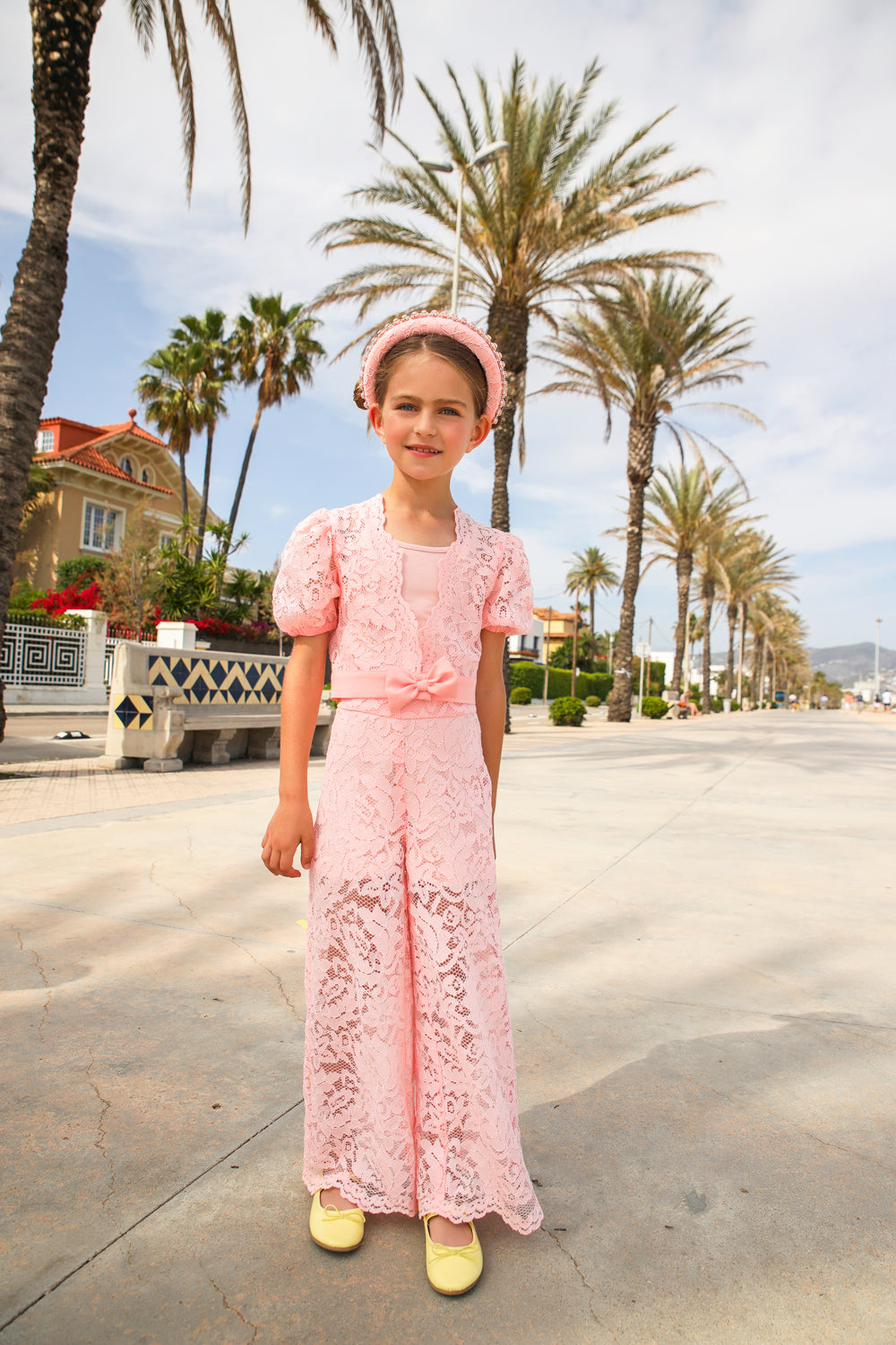 Set of pink cotton lace top with bow and camisole and lace trousers with cotton shorts