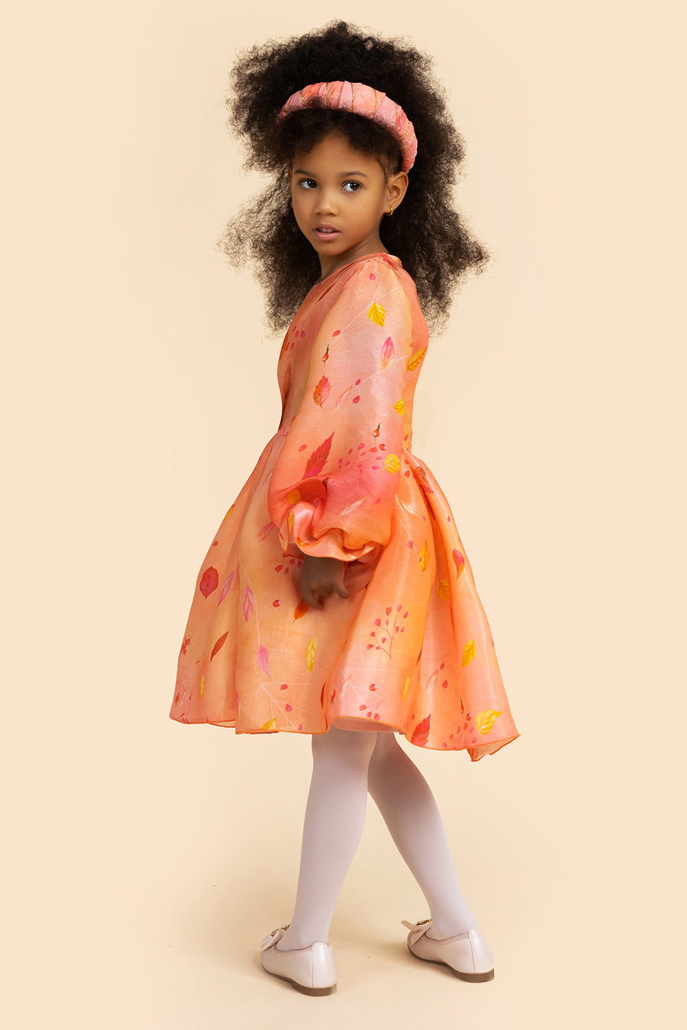 Shiny autumn leaves dress with voluminous sleeves