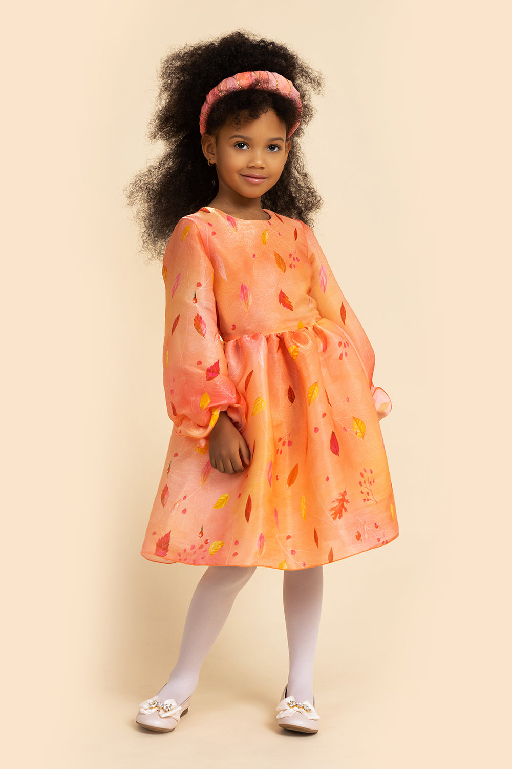 Shiny autumn leaves dress with voluminous sleeves