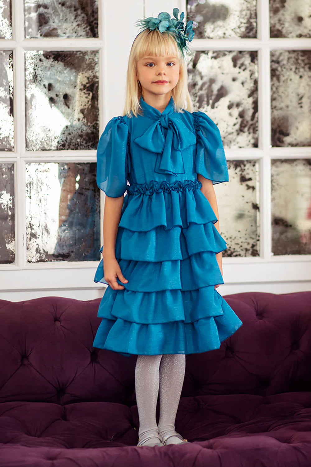 【名入れ無料】 blue Teal shimmering bow pussy and frills with dress chiffon スーツ・フォーマル・ドレス