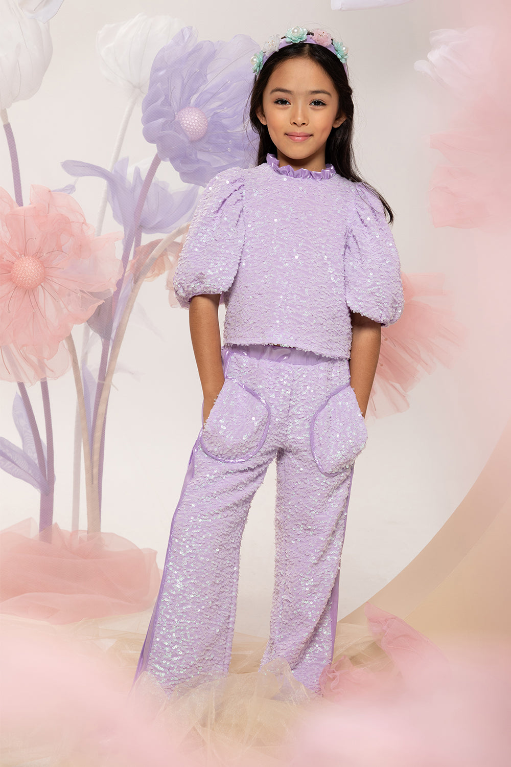 Violet sequins trousers with side stripes and pockets