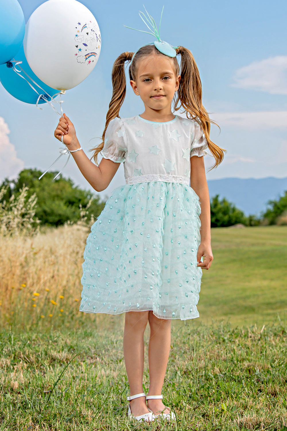 White and blue stars viscose dress with blue organza skirt and EIRENE waist embellishment White and blue stars viscose dress with blue organza skirt and EIRENE waist embellishment