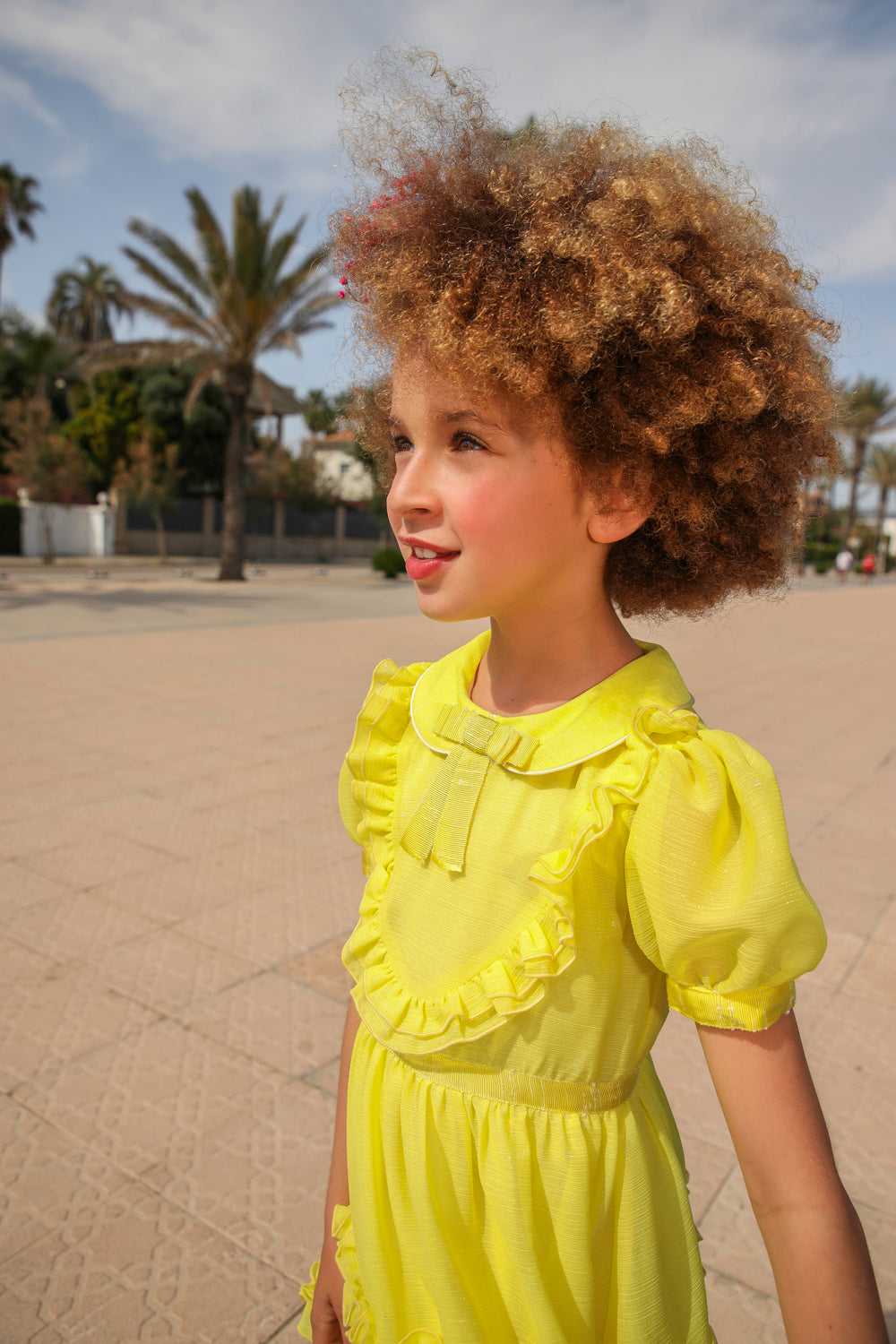 Yellow chiffon dress with pretty front detail, bow and collar