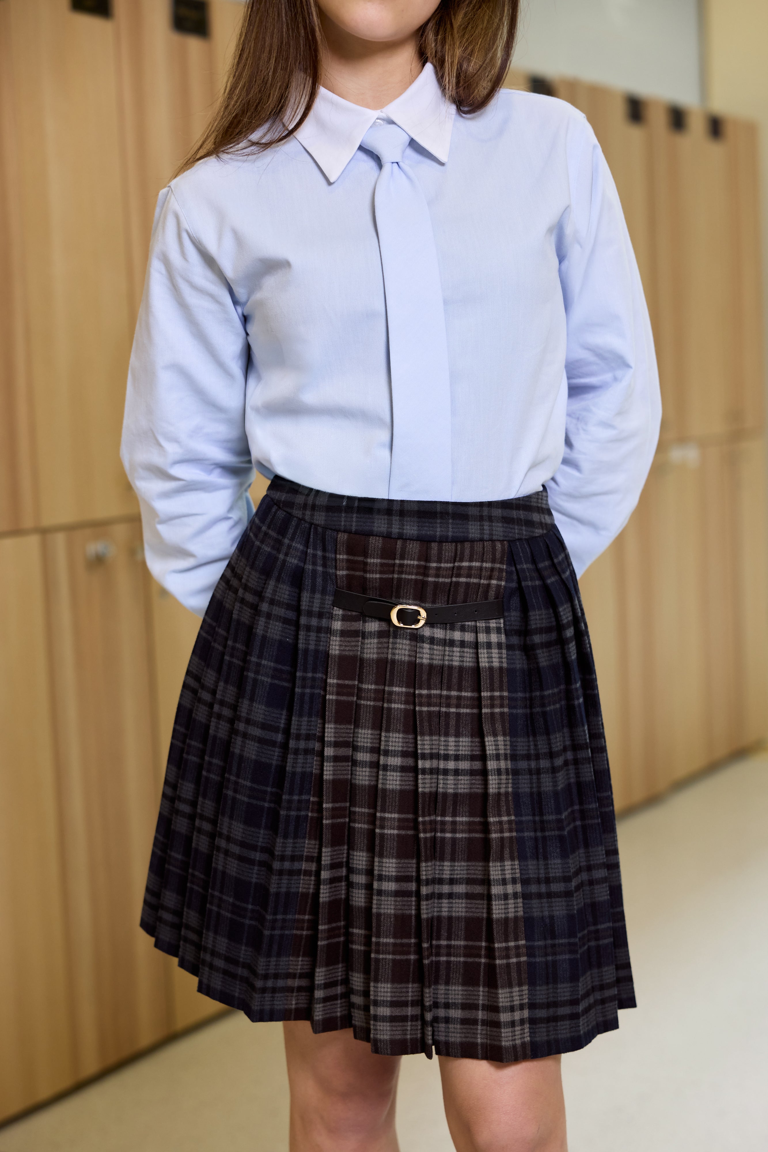 A-line pleated skirt for teen girls in dark plaid