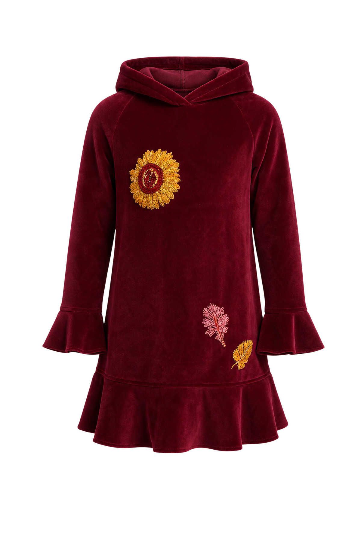 Burgundy velvet cotton dress with hood and handmade embroidery of flowers - product view