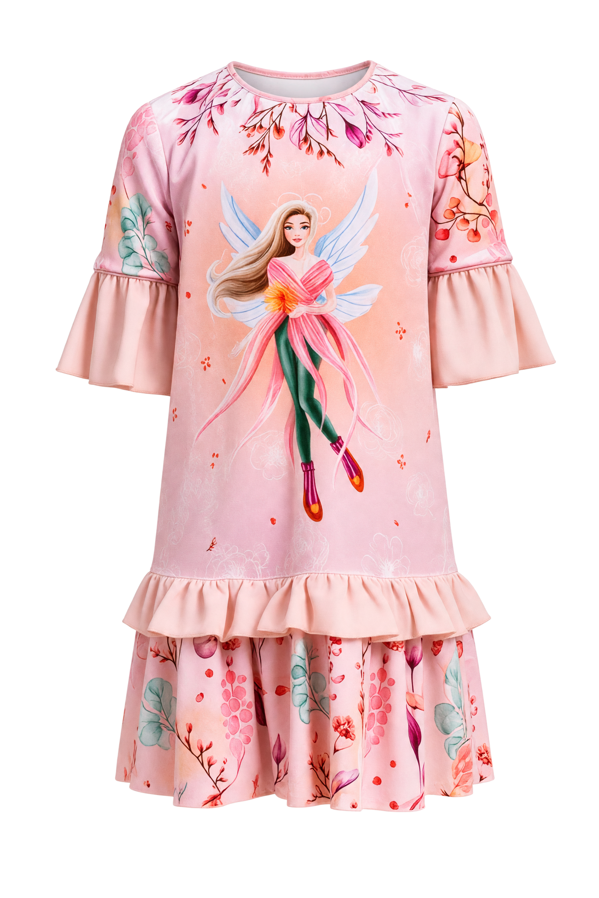 Pink autumn fairy tunic dress with frills - product view