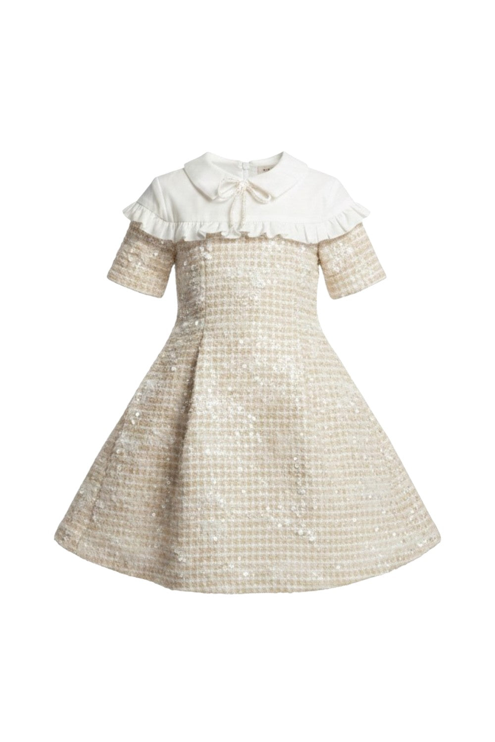 Cream Tweed Dress with Sequins, Ruffle Trim and Bow Collar