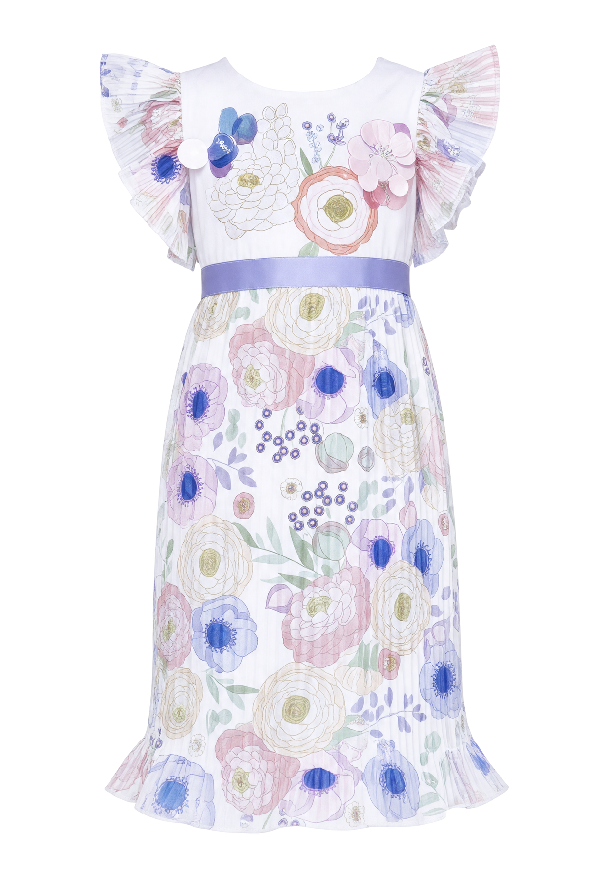 Ranunculus print filled dress with embroidery and sequins - product view