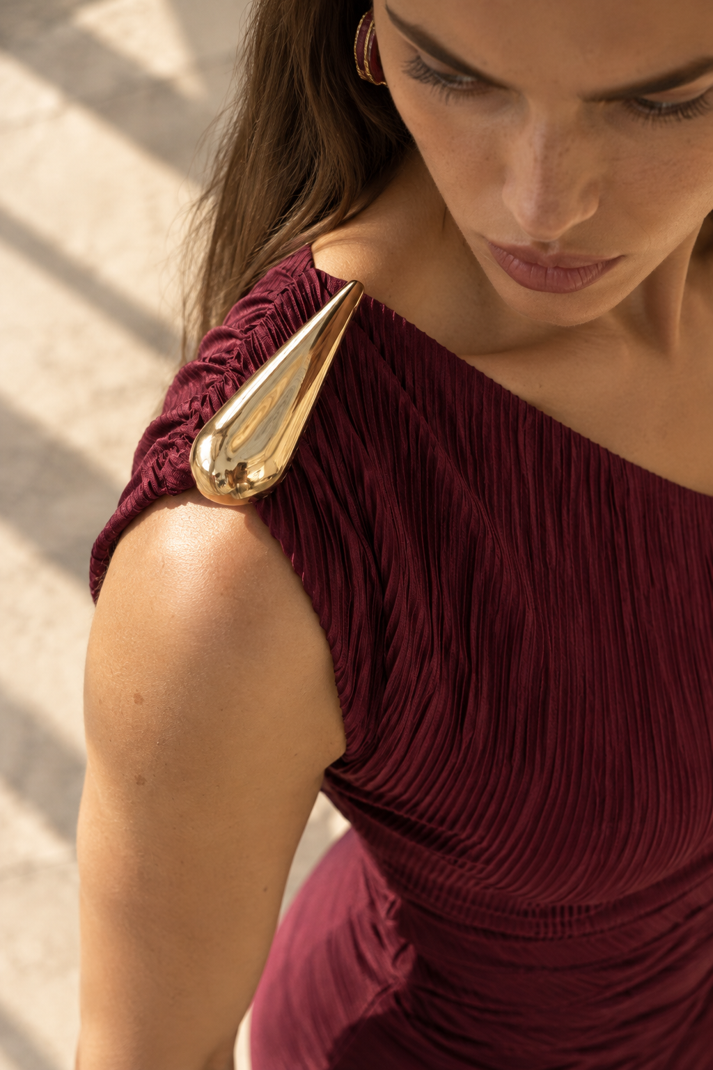 VESPER draped midi dress in deep burgundy - editorial