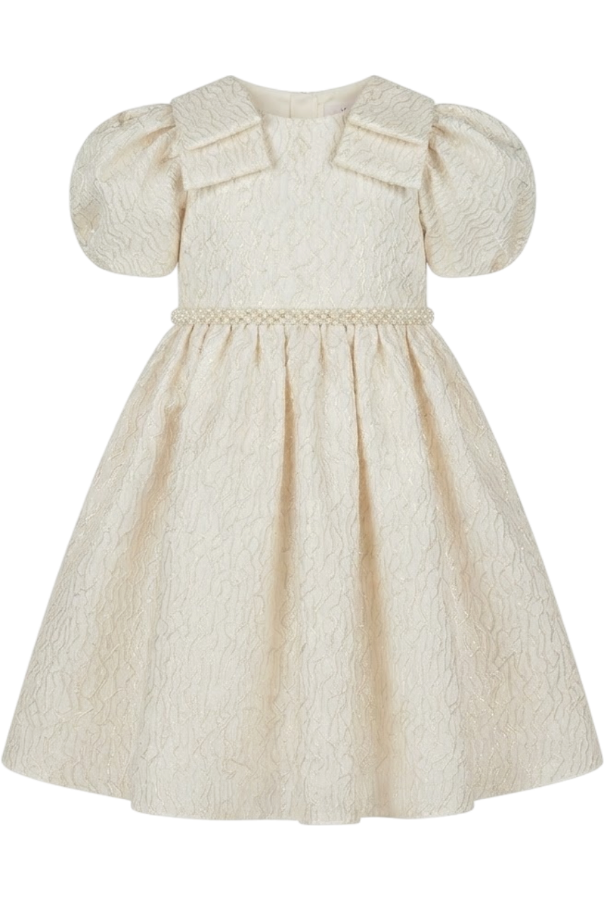 Ivory and gold threads dress with shoulder bows - product view