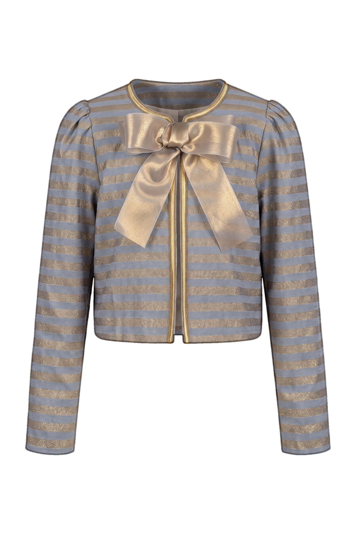 Denim and gold striped blazer with gold bow - product view
