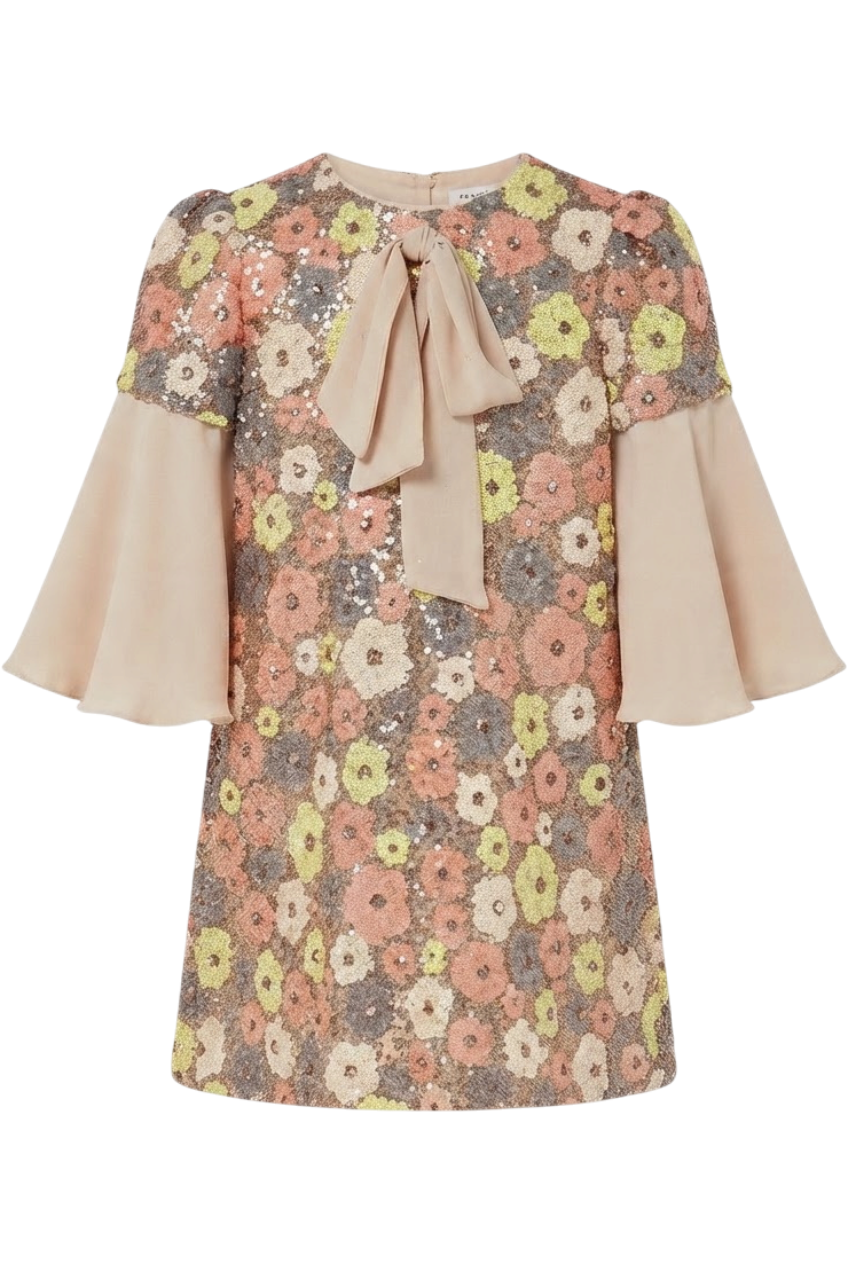 Sequins multi color floral dress with crepe sleeves and bow - product view