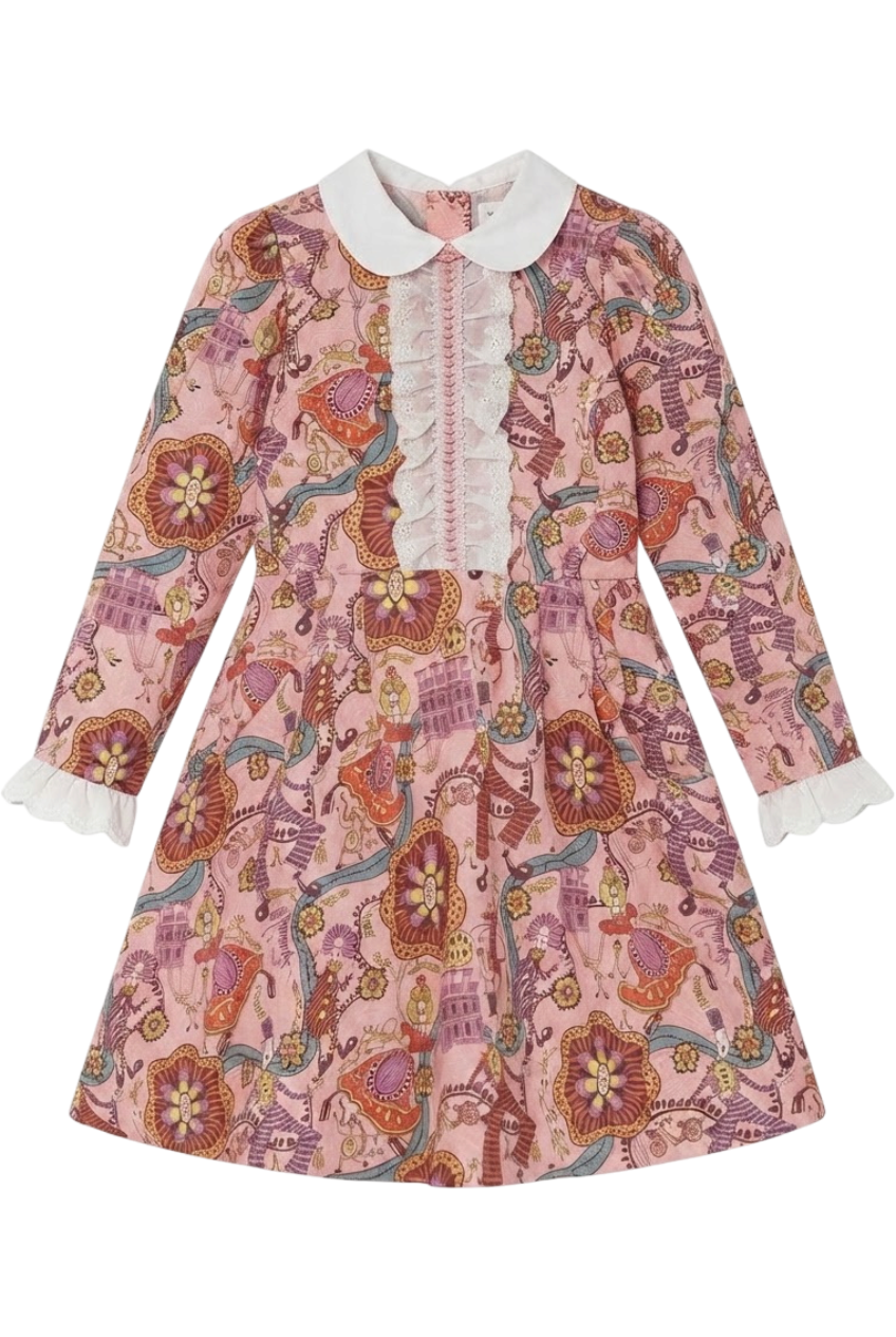Liberty London funny creatures cotton pink dress with collar and front frilled detail - product view