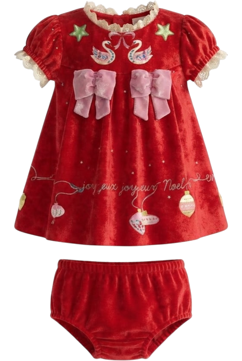 Red velvet Christmas dress with pink bow with matching knickers - product view