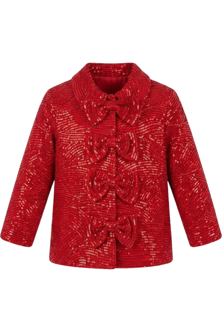 Red velvet sequin blazer with bows - product view
