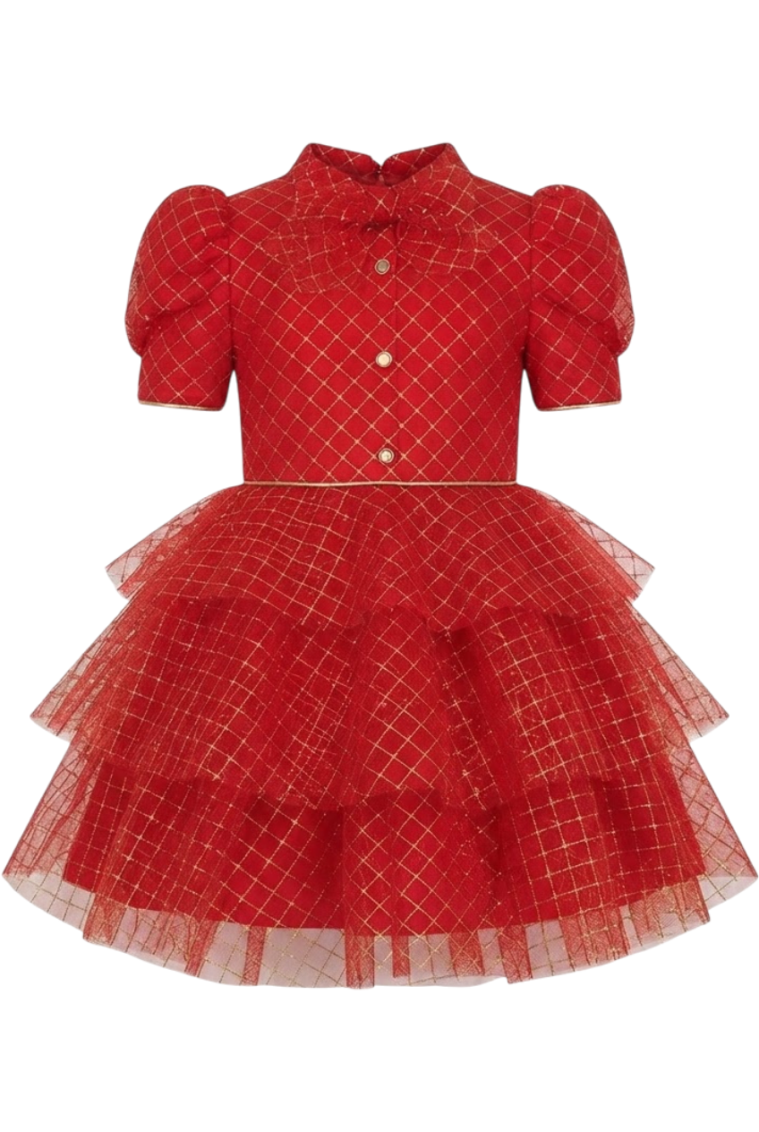 Red and gold tulle layered dress with pussy bow - product view