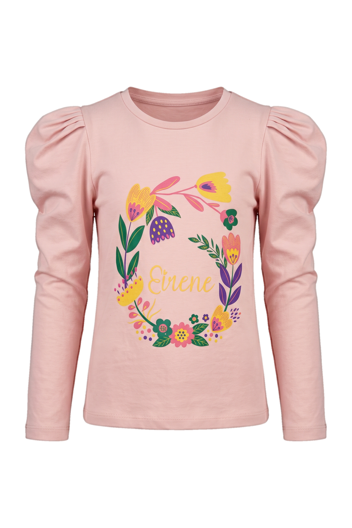 Pink t-shirt with floral print and puffed sleeves - product view