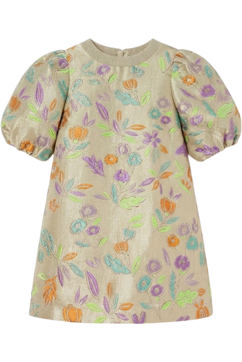 Gold floral jacquard dress with voluminous sleeves - product view
