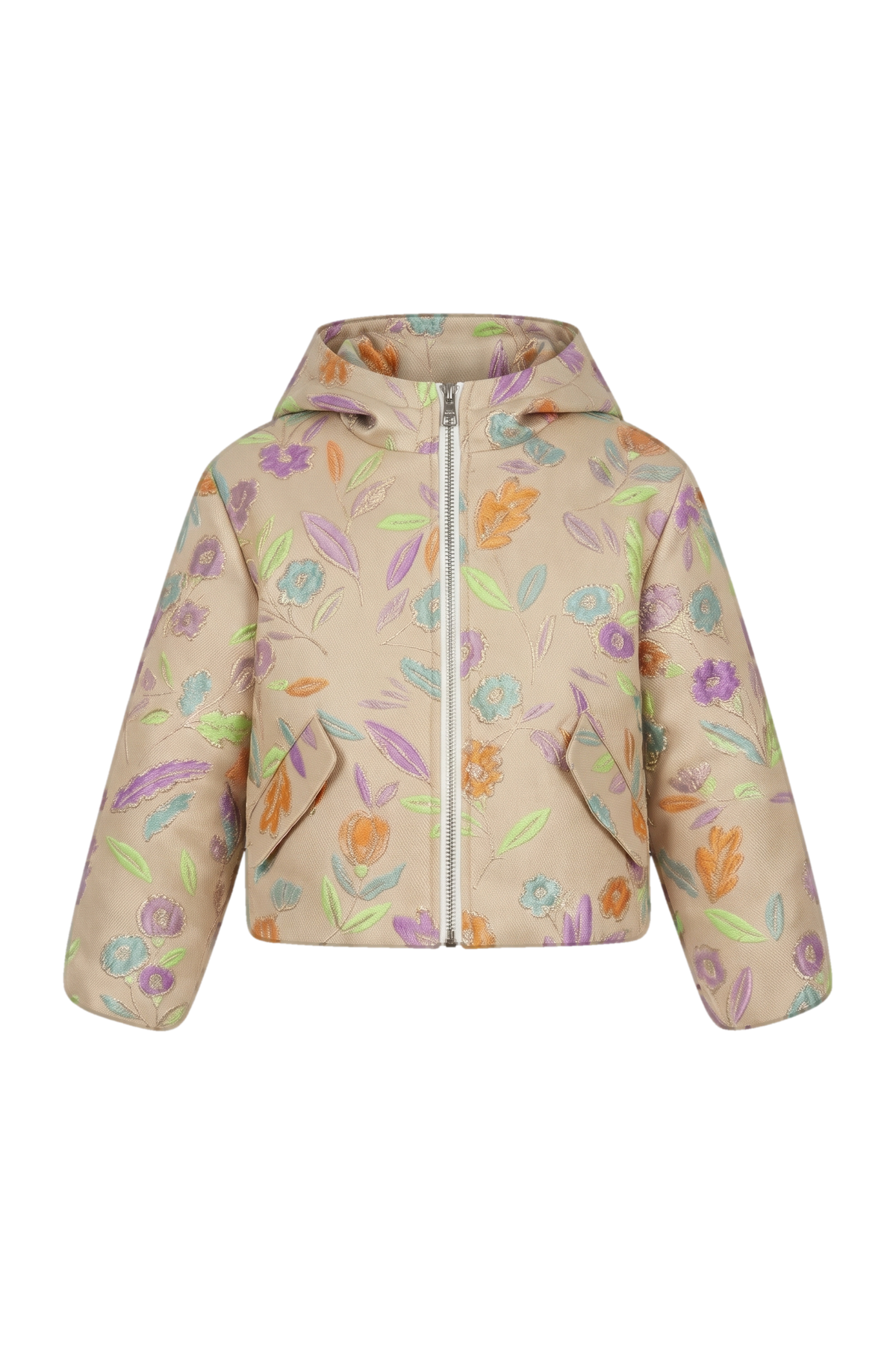 Gold floral jacquard parka jacket - product view