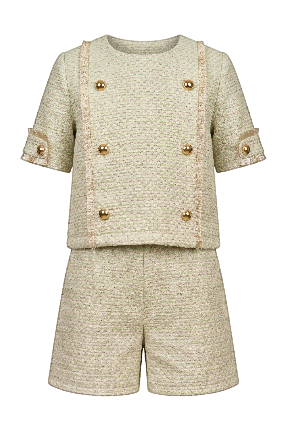 Light green and gold tweed top and shorts set - product view