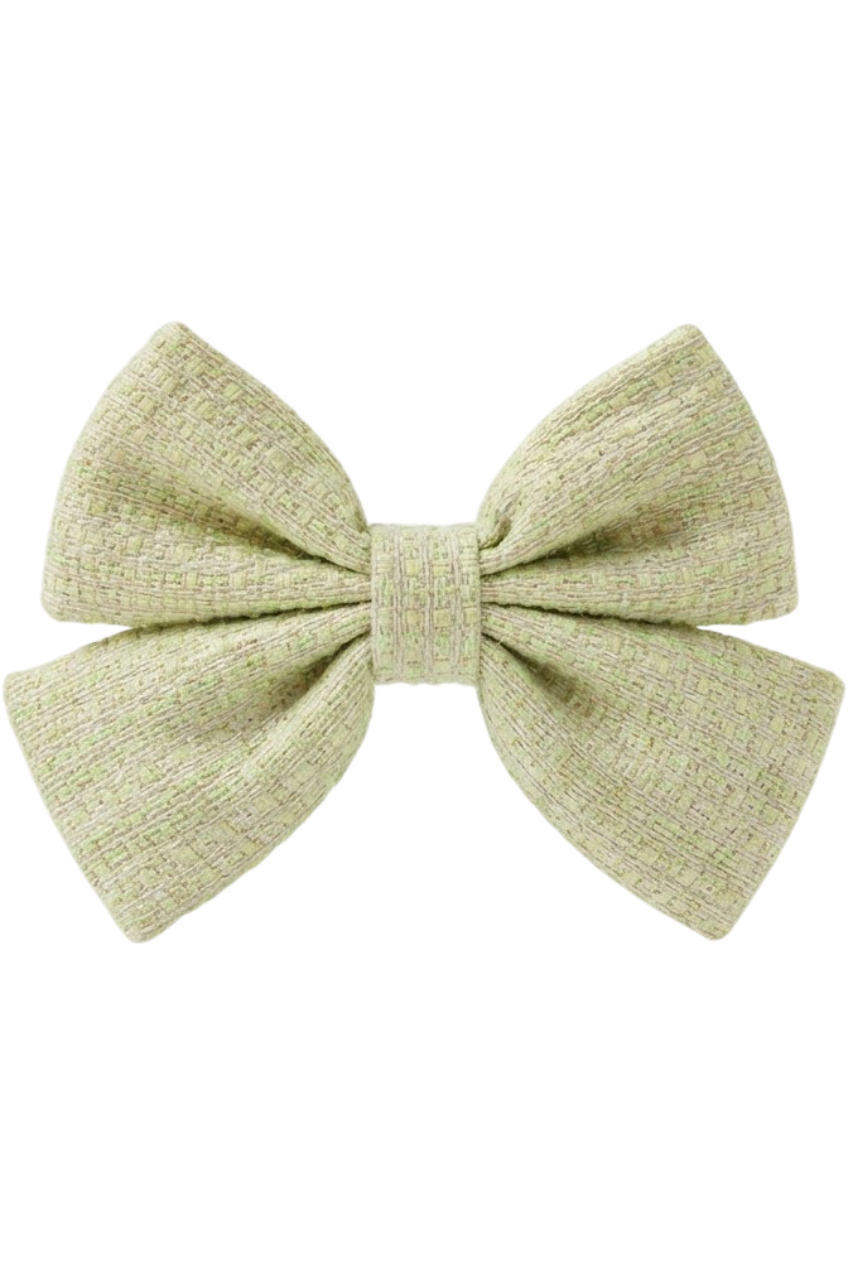 Light green and gold tweed hair bow - product view