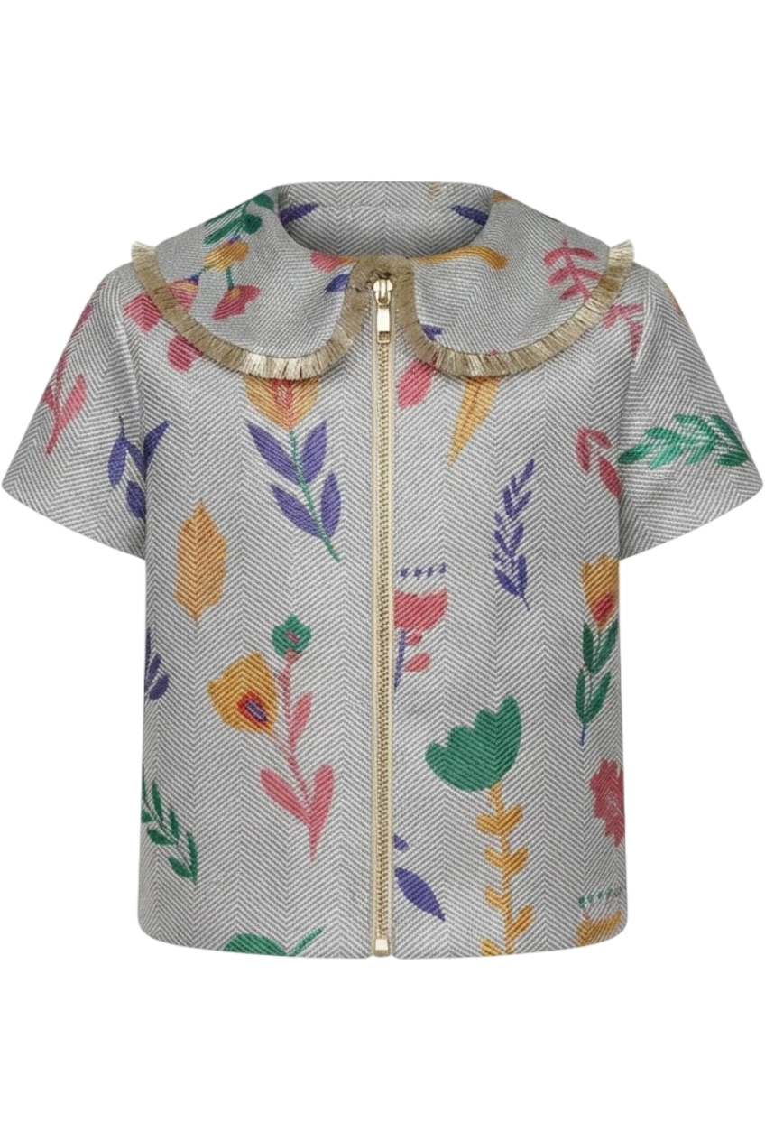 Denim and silver floral top with zipper - product view