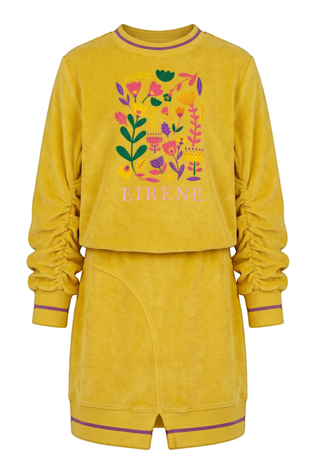 Mustard yellow cotton velvet dress with floral print and slouched sleeves - product view