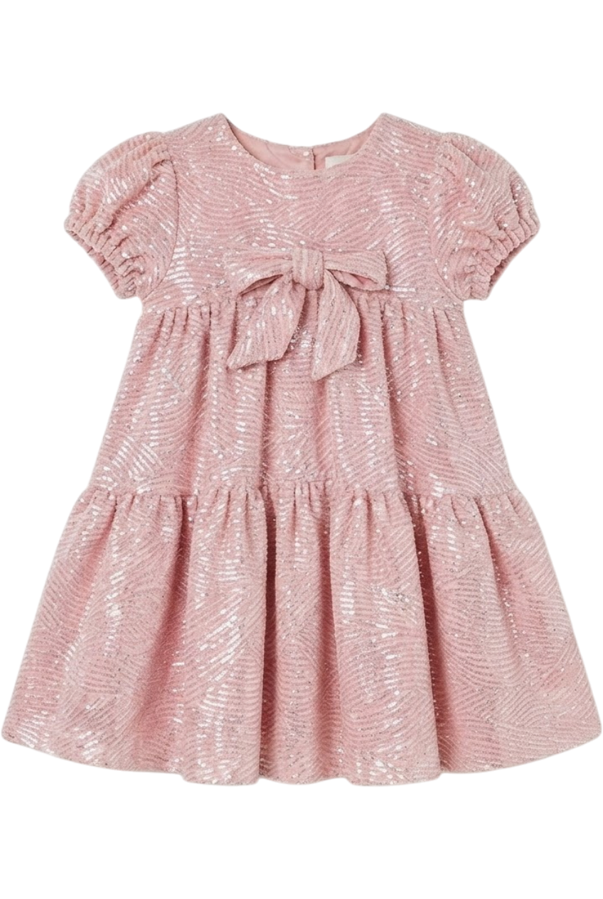 Pink velvet sequin dress with bow - product view