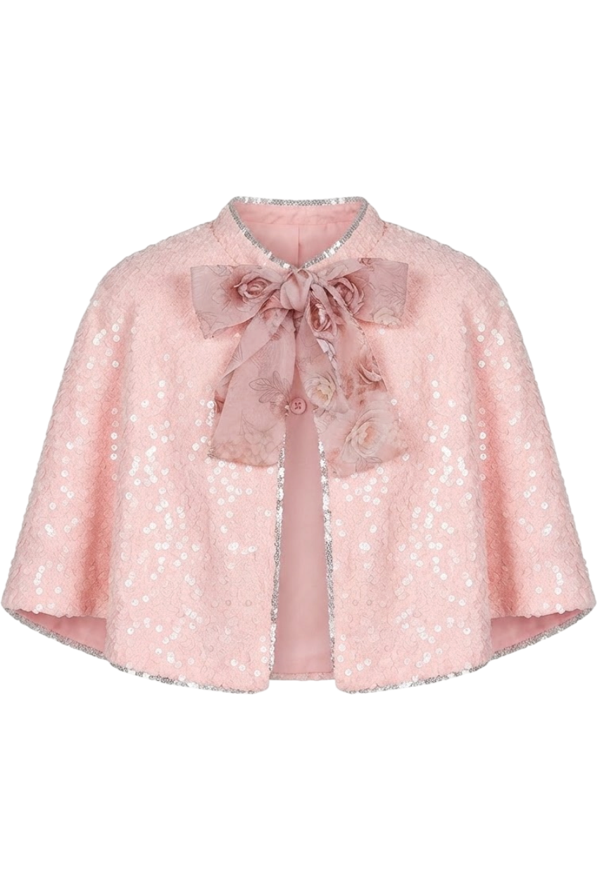Pink glittery sequins cape with printed floral bow - product view