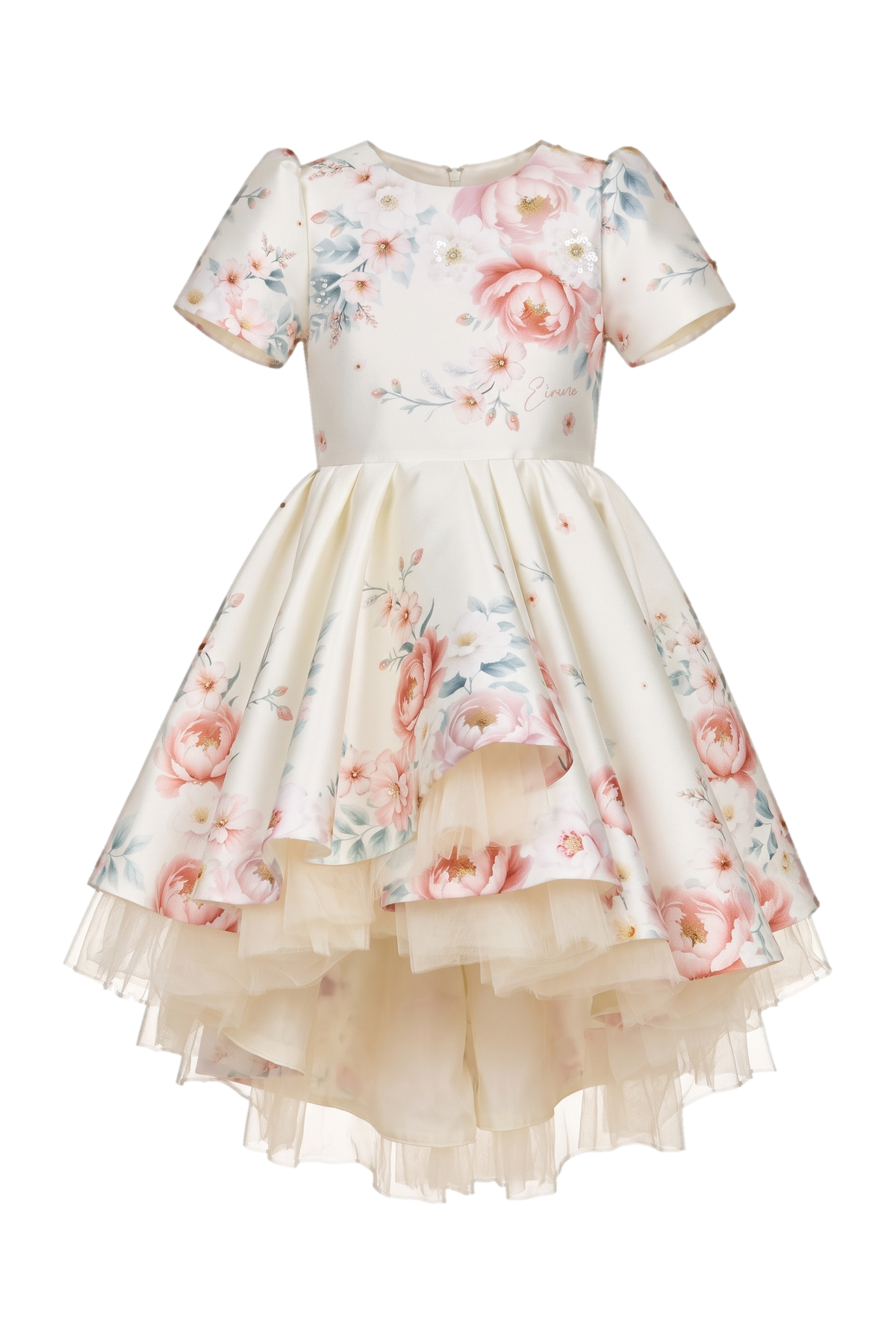 Off-white floral asymmetrical tulle dress with hand-embellished front - product view