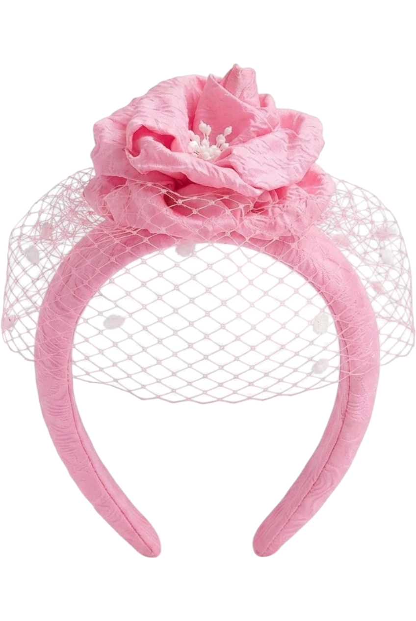 Bright pink jacquard headband with veil - product view