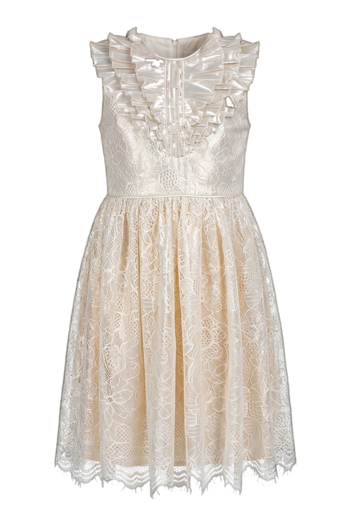 Ecru shiny lace dress with ruffles - product view