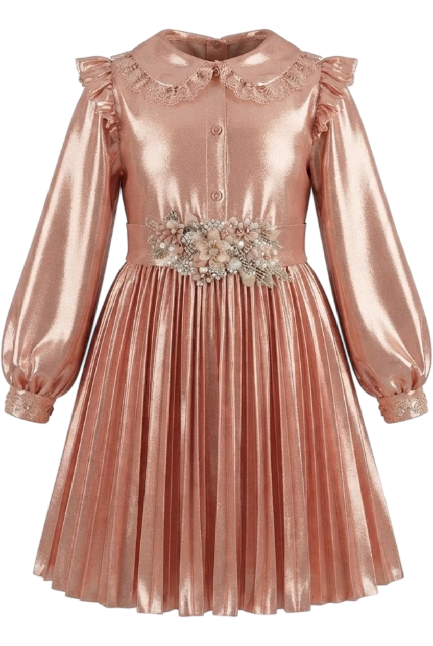 Shimmering rose gold dress with a handmade floral detachable belt - product view