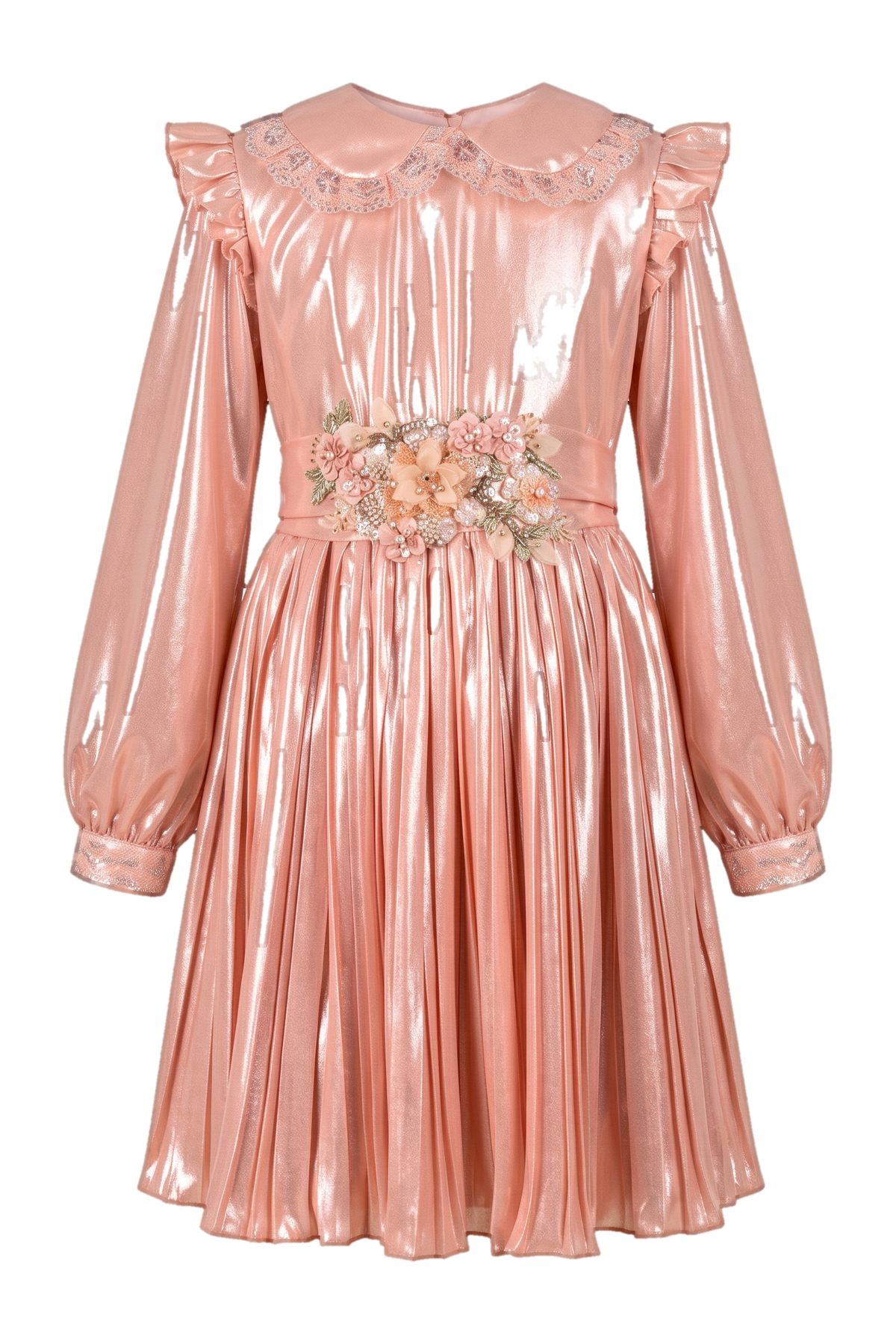 Shimmering rose gold dress with a handmade floral detachable belt - product view