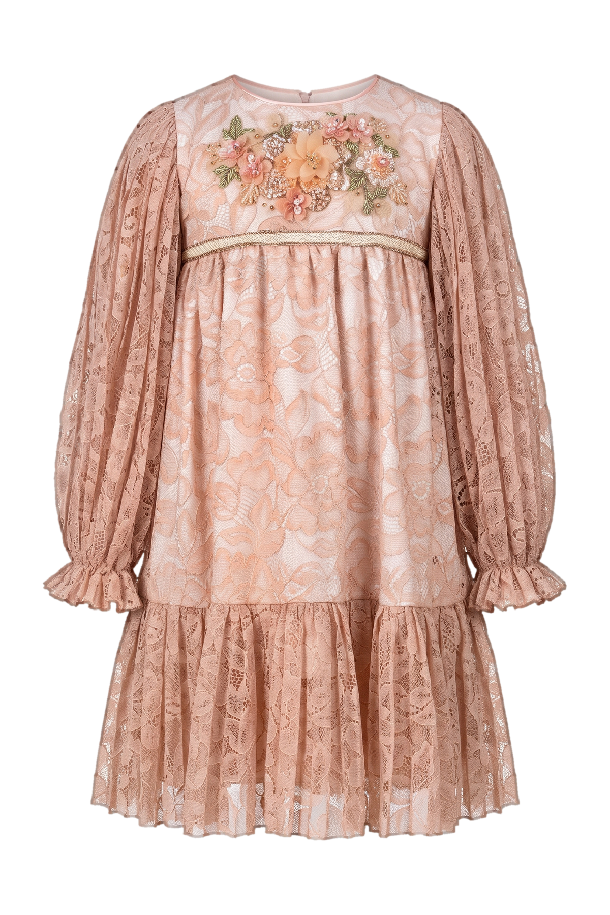 Pale pink pleated lace dress with a handmade embellishment - product view