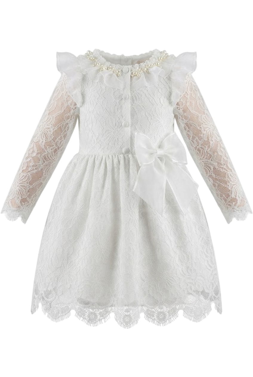 White lace dress with with pearls and organza bow and frills - product view
