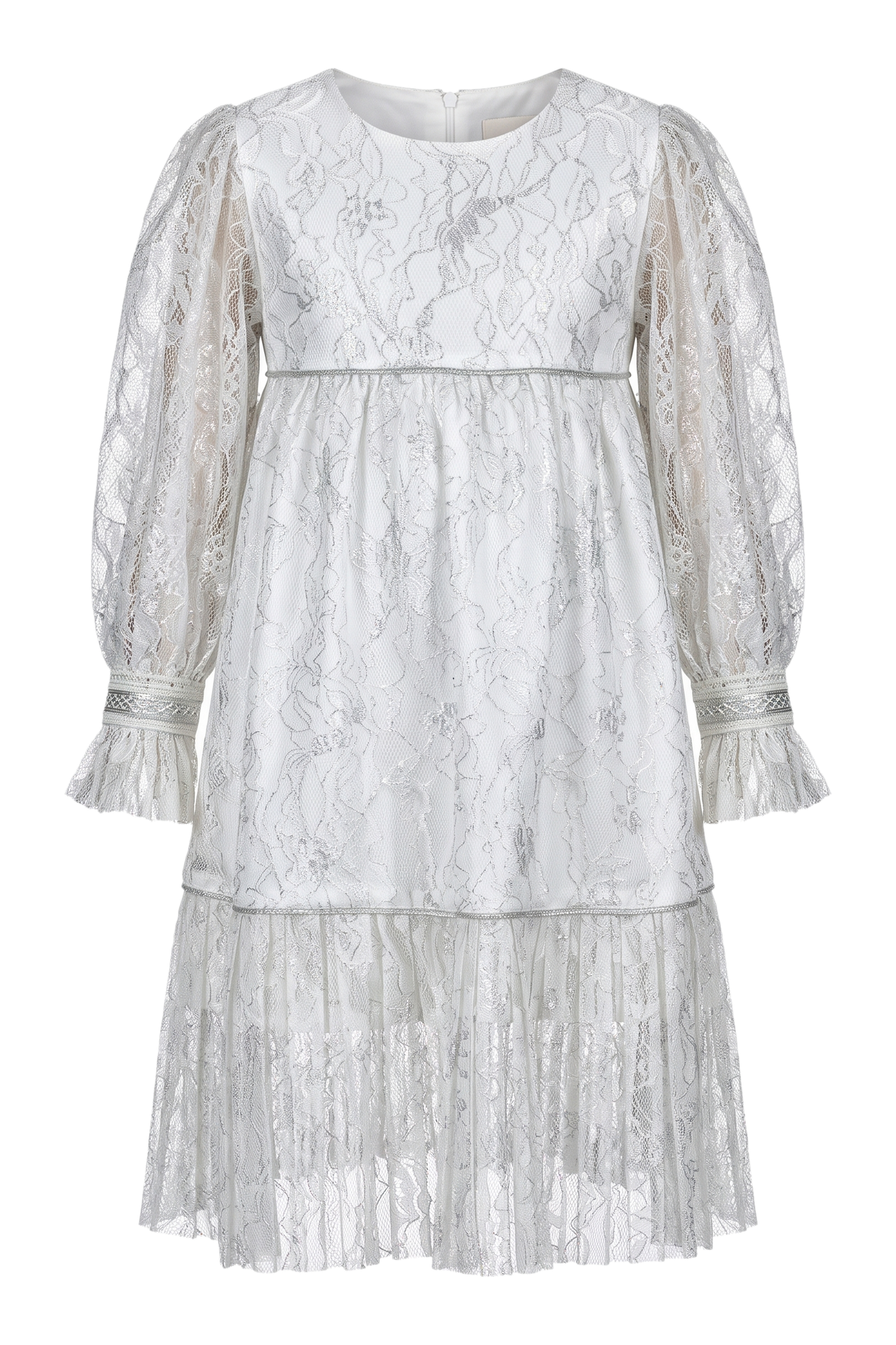 White and silver pleated lace dress with long sleeves - product view