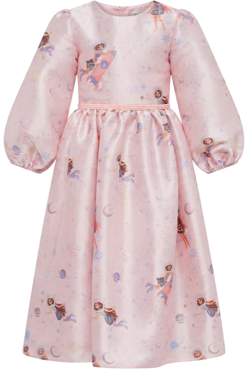 Soft pink Cosmic girls printed ankle length dress with long sleeves - product view