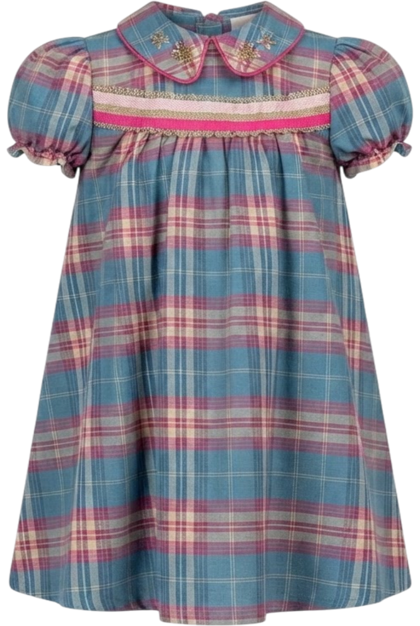Fuchisa and blue plaid dress with a collar and handmade stars embellishments - product view