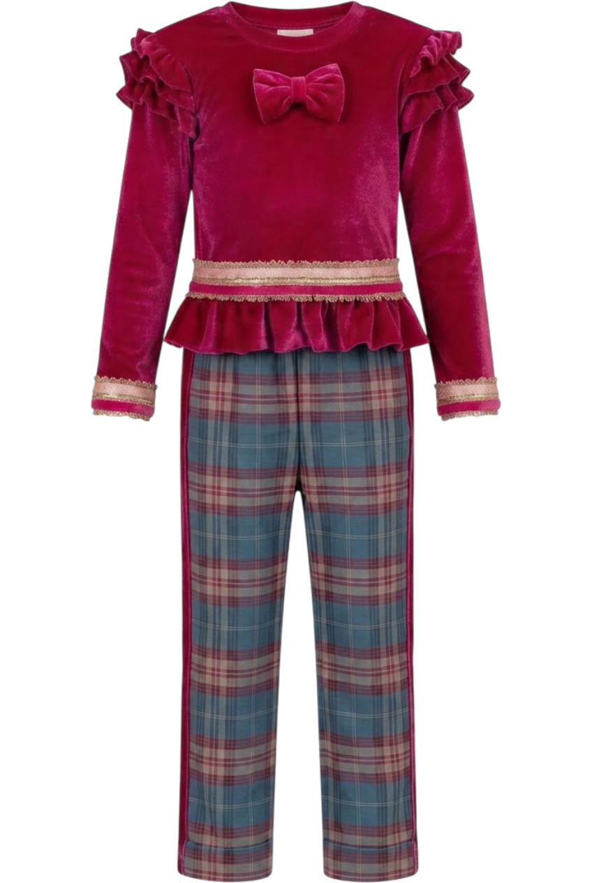 Velvet fuchsia top and plaid trousers set - product view