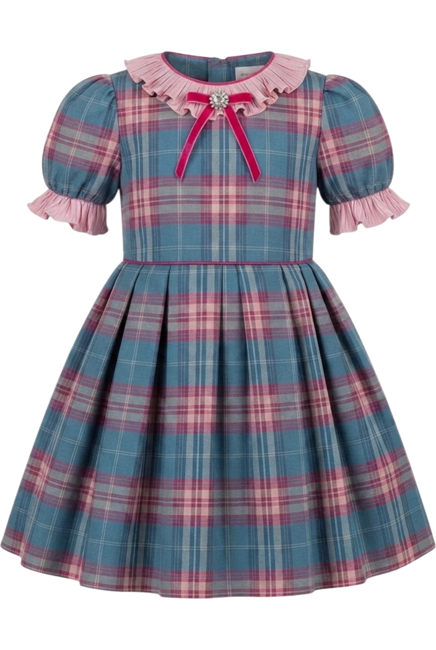 Plaid fuchsia and blue dress with Swarovski button and bow - product view