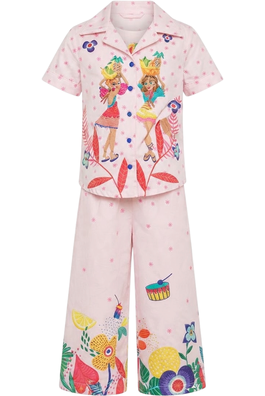 Light pink cotton Rio set with girls, small all over flowers and hand-embellishments - product view