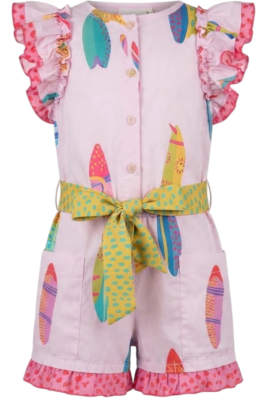 Light pink cotton surf short jumpsuit with frills - product view
