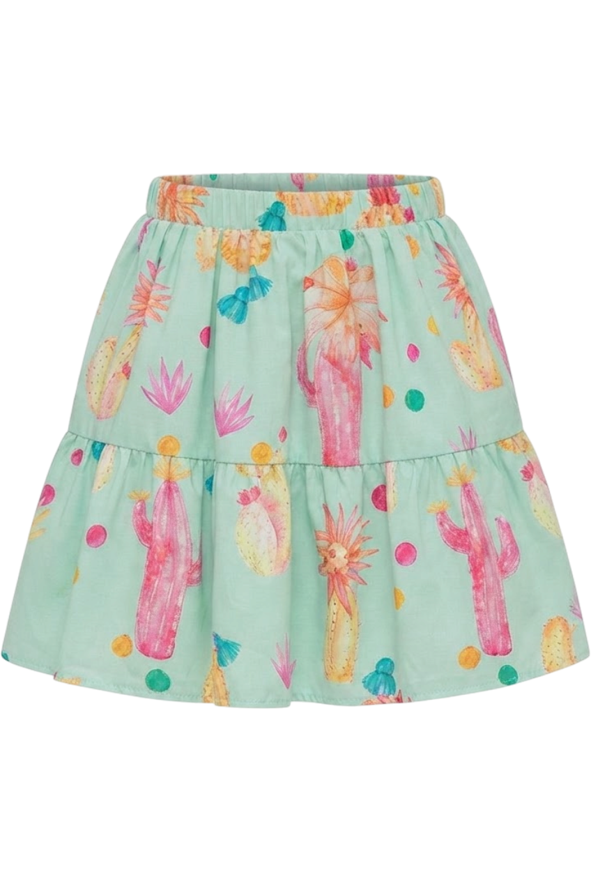 Mint cotton skirt with yellow and pink cactuses - product view