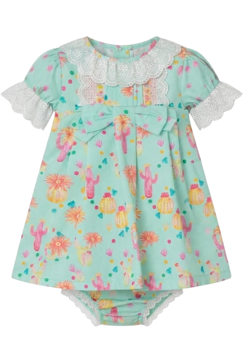 Baby mint yellow and pink cactuses dress with panties - product view