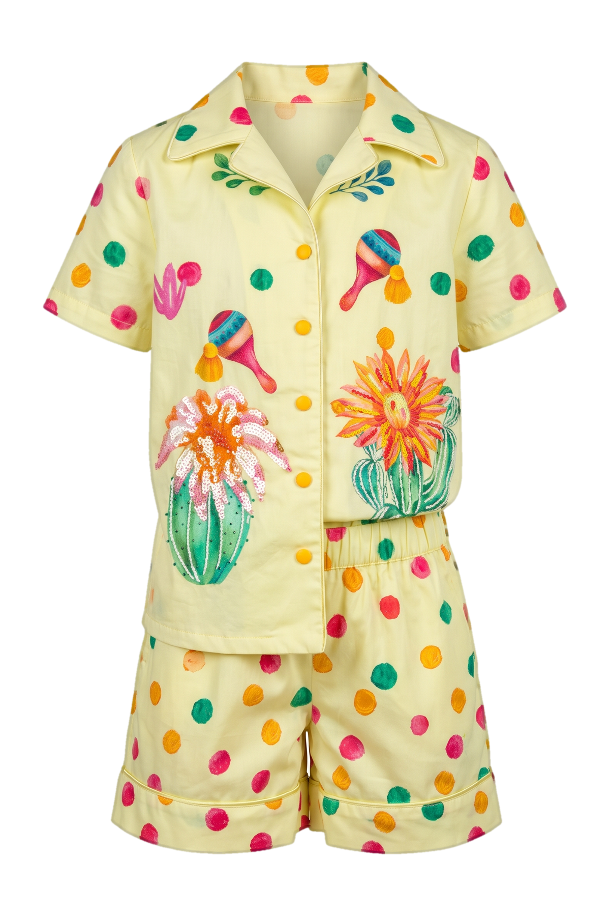 Yellow cotton shirt and shorts set with cactuses and pom poms print and hand-made embroidery - product view