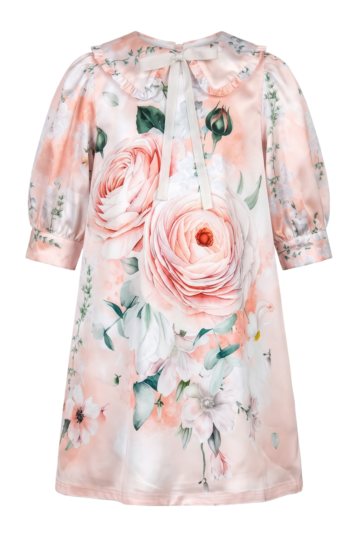 Peach oversize ranunculus dress with collar - product view