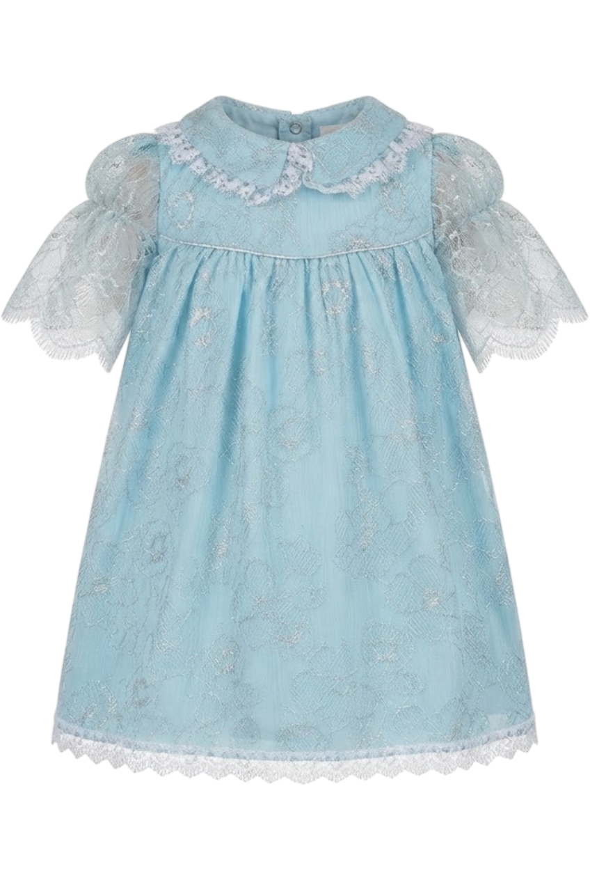 Baby blue and silver lace dress with collar - product view
