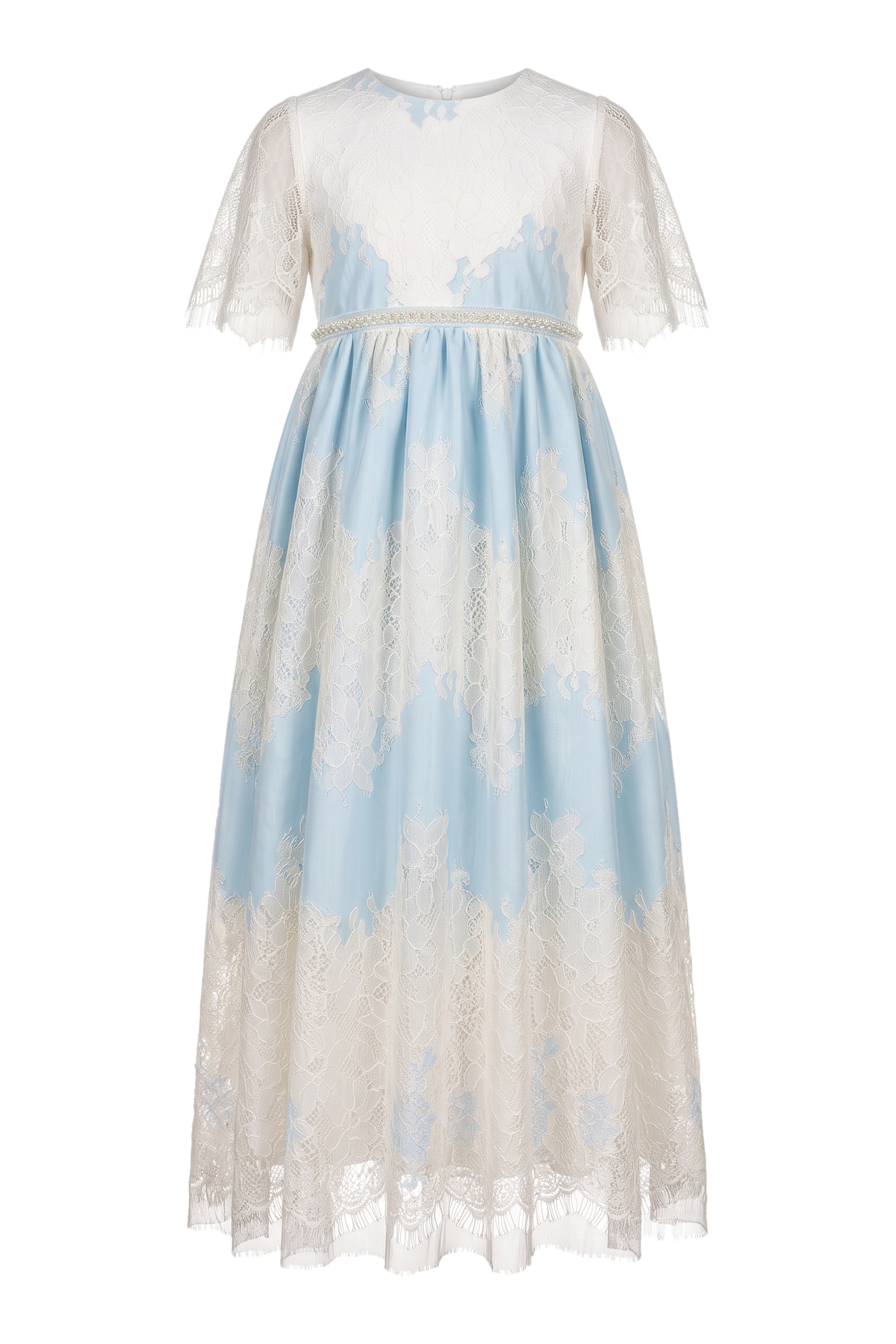 Blue and ivory long lace dress with pearls - product view